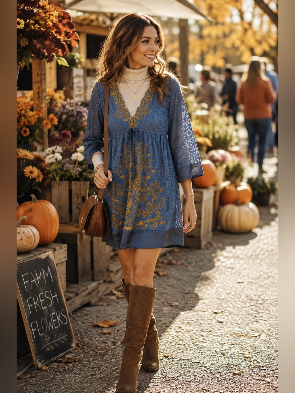 Flying Tomato Blue Lace Embroidered Boho V-Neck Shift Dress Size Medium - Picture 2 of 11